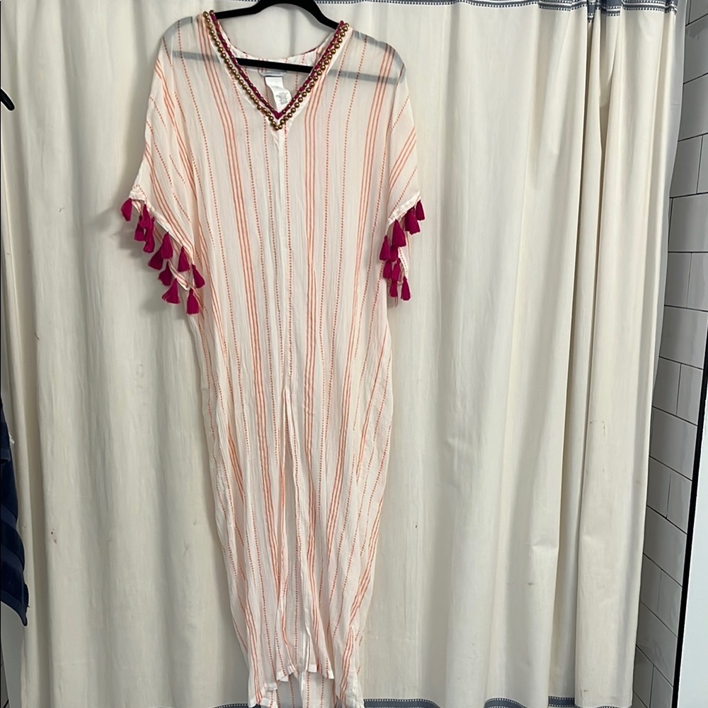 Striped Tassel-Trimmed Kaftan Swim Cover Up